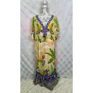 Farm Rio Tropical Floral V-Neck Puff-Sleeve Resort Wear Maxi Dress Size S